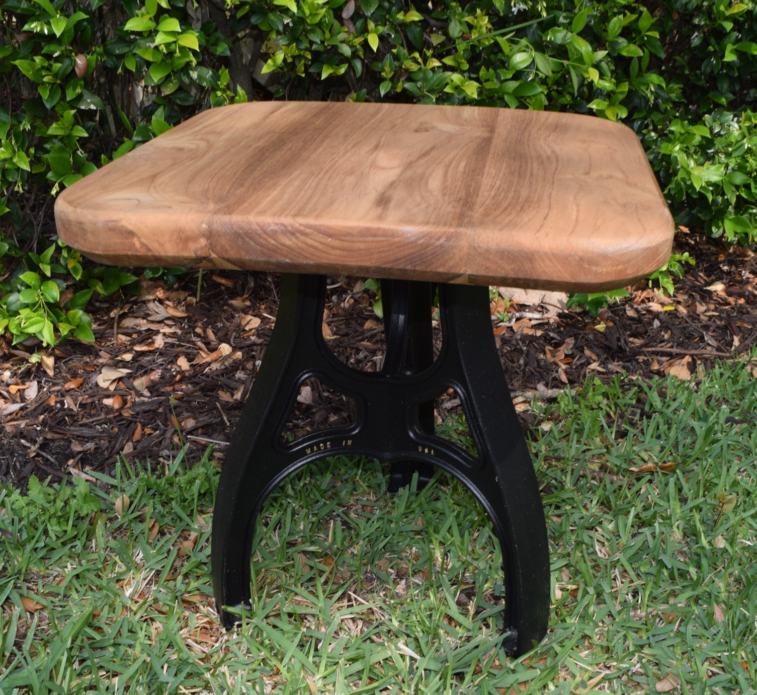 Custom teak table with Made in USA base